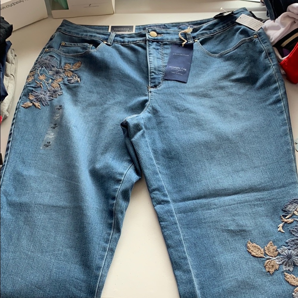 Charter Club Lexington Straight Flower Denim Jeans